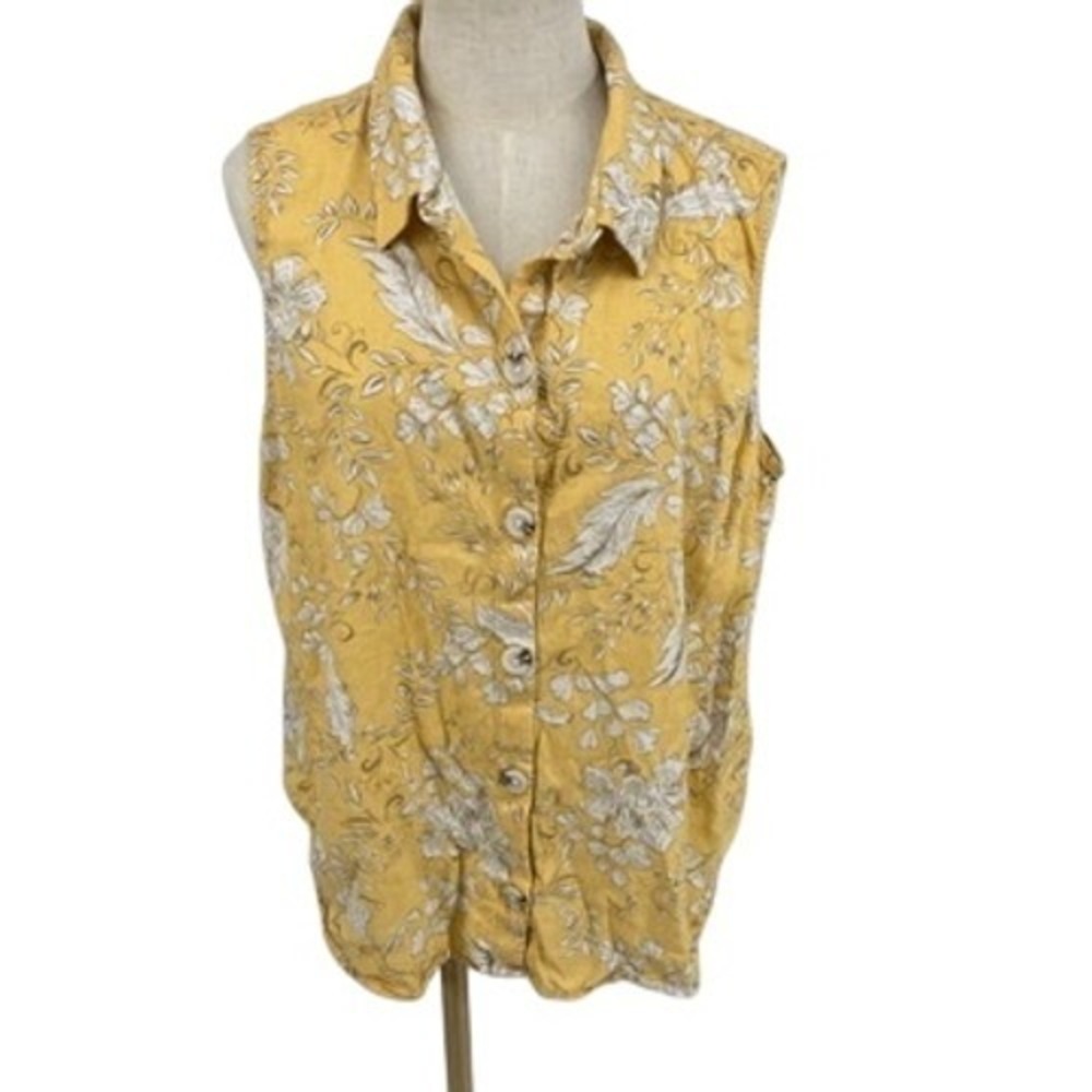 Christopher & Banks Womens XL Yellow Floral Sleeveless Linen Blend Top Spring